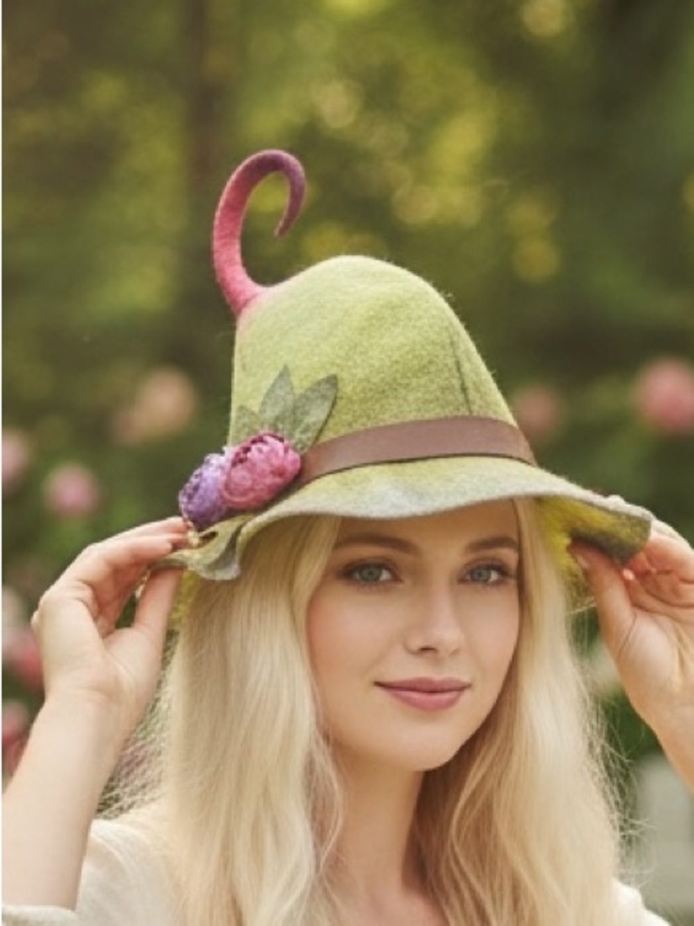 Whimsical Green Fairy Hat with Floral Accents - Picture 2 of 14